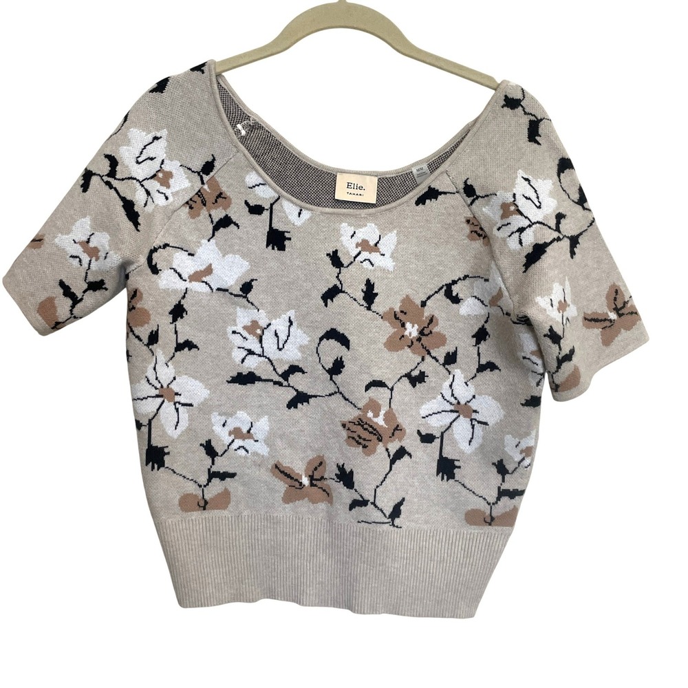 Elie Tahari Womens Beige Floral Jacquard Knit Short Sleeve Scoop Neck Sweater‎ M